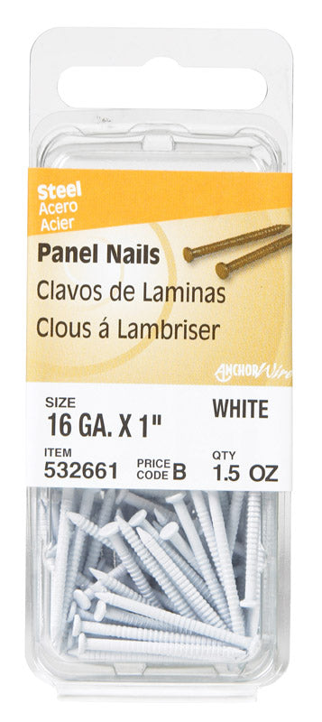 Six white 1-inch panel nails from Emery Jensen, 1.5 oz pack, showing wire brad nails for woodworking and finishing projects.