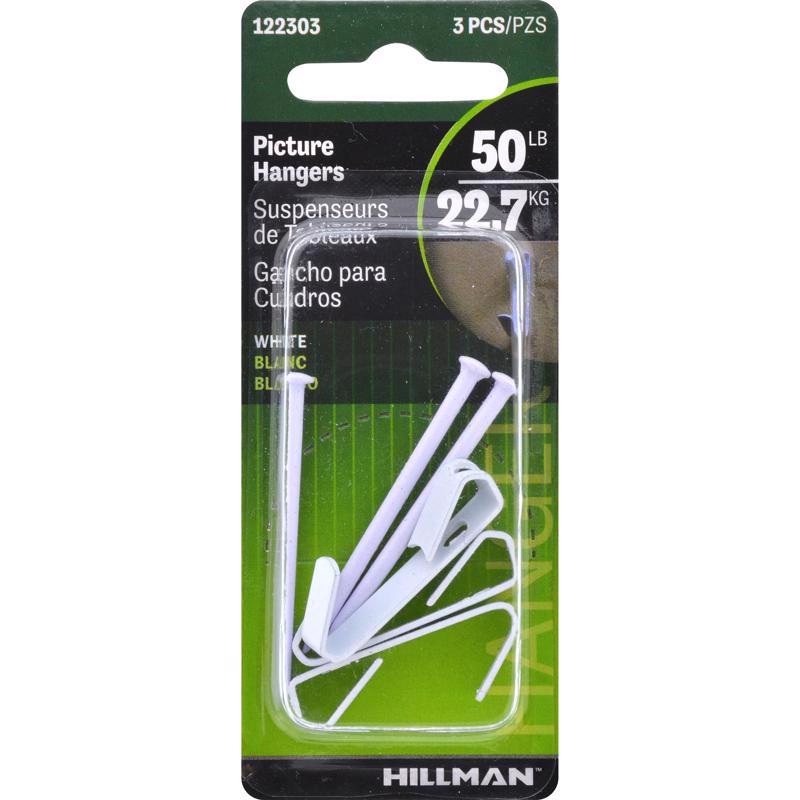 Emery Jensen PCTR HNGR white 50# mirror and picture hangers, pack of 10, shown in the image with hooks and mounting hardware.