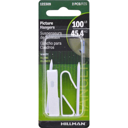 Emery Jensen PCTR HNGR WHT 100# mirror and picture hangers, pack of 10, with white metal hooks for wall mounting.