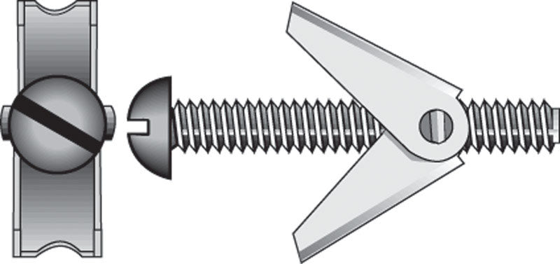 Emery Jensen toggle bolt 1/4x4 for hollow wall mounting, pack of 6, shown in close-up with metal construction and threaded design.