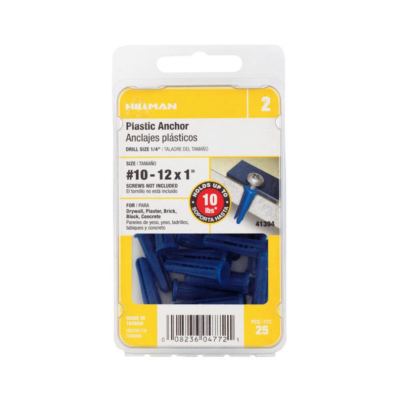 Emery Jensen ANCHOR PLAS10-12X1 CD25 hollow wall anchors pack of 5, showing metal anchors with plastic coating for drywall installation.