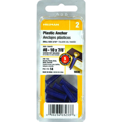 Emery Jensen Anchor 8-10 plastic hollow wall anchors, pack of 10, shown in a close-up image for secure drywall mounting.