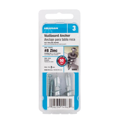 Emery Jensen Anchor #8 wallboard hollow wall anchors, pack of 6, zinc-coated for secure drywall installation.