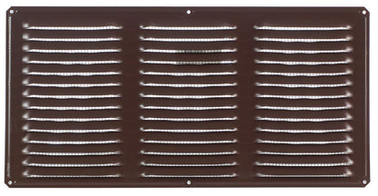 Emery Jensen 16x8 brown under eave vent pack of 24 for wall, roof, and ridge ventilation, shown installed on a building.
