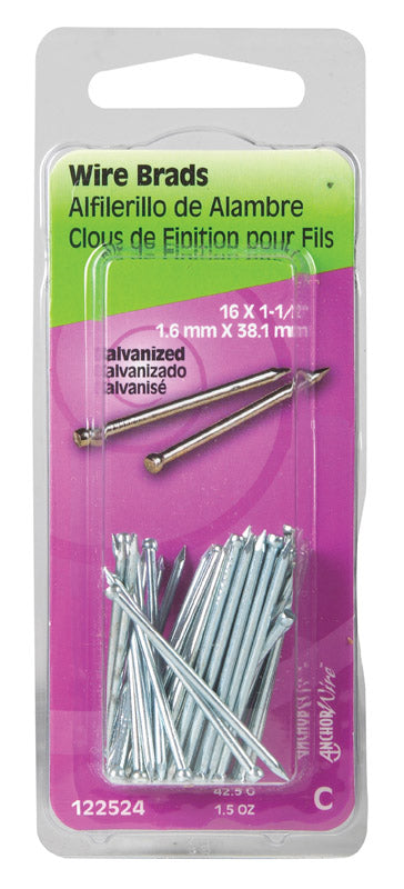 Emery Jensen BRAD GALV 1-1/2X16 wire brads, 1.5oz pack of 6, with shiny metallic finish and sharp points for woodworking.