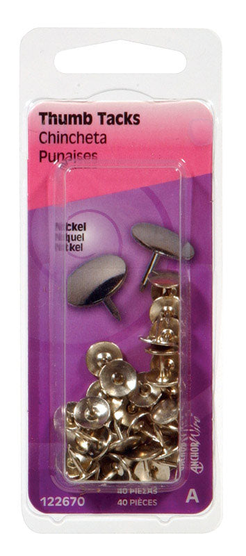 Emery Jensen TACKS NKL 5/16x3/8 inch thumb tacks, pack of 6, with metal push pins on a plain background.