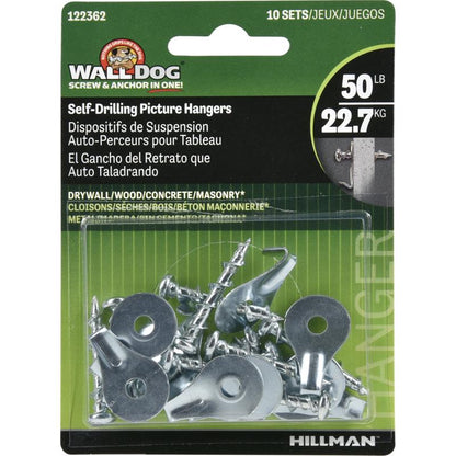 Set of 10 Emery Jensen Walldog Chrome Mirror and Picture Hangers, sturdy metal hooks with nails for wall mounting.