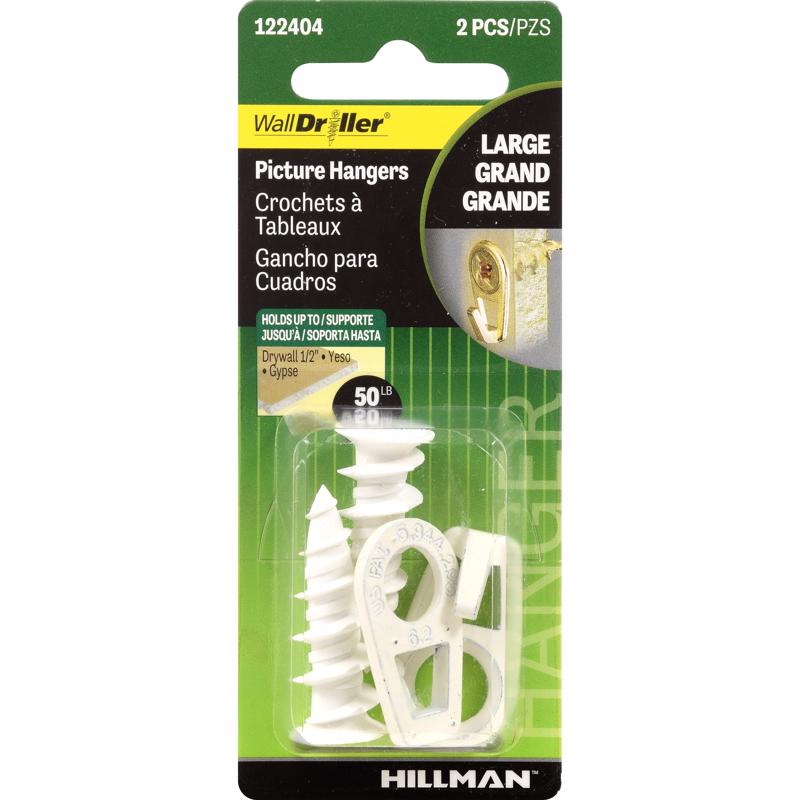 Set of 10 Emery Jensen 50lb white picture hooks, mirror and picture hangers with durable metal construction for wall mounting.