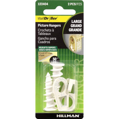 Set of 10 Emery Jensen 50lb white picture hooks, mirror and picture hangers with durable metal construction for wall mounting.