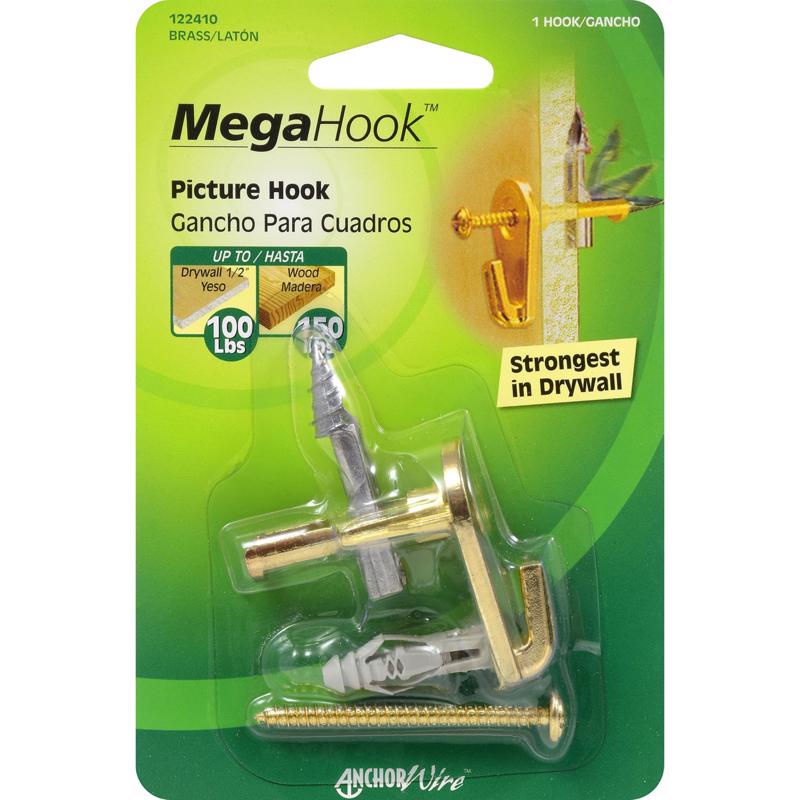 Emery Jensen PCTR Hook Mega BRS 100LB mirror and picture hangers, pack of 5, durable steel hooks for wall mounting.