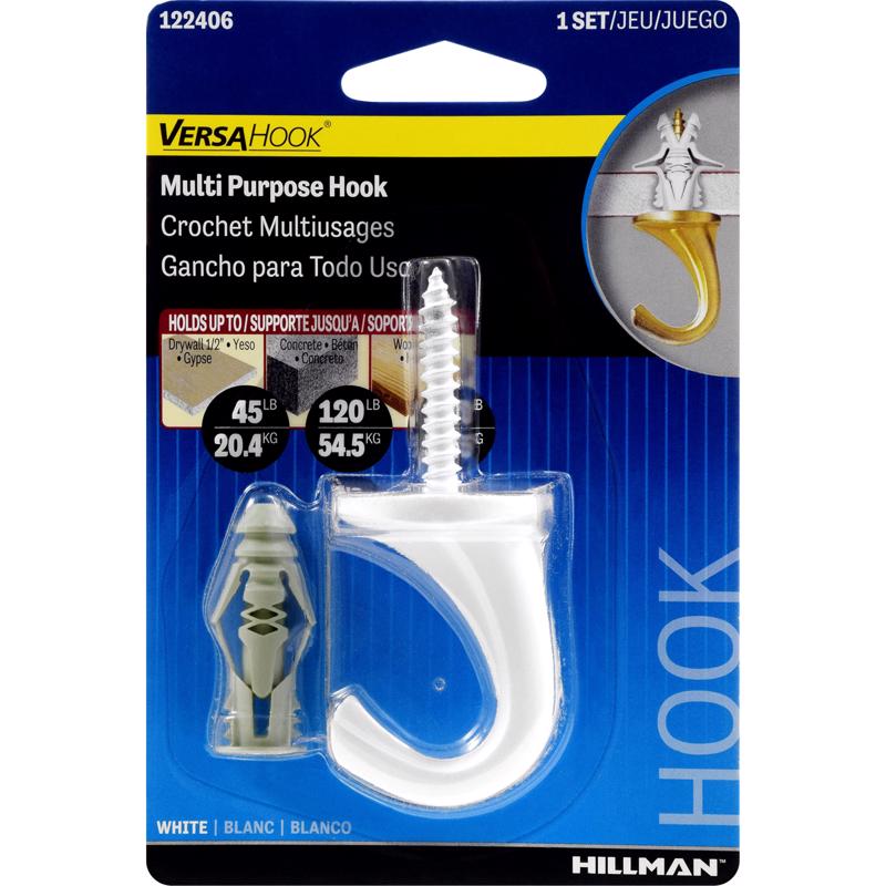 Set of five Emery Jensen VERSA HOOK LG 75LB white mirror and picture hangers for secure wall mounting.