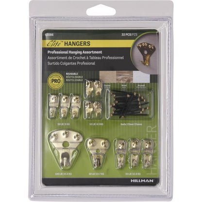 Emery Jensen PCTR HNGNG SET BRS 32PK mirror and picture hangers pack of 5, durable metal hooks for wall mounting.