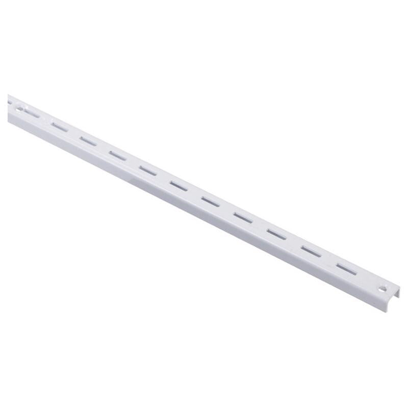 Set of 10 white 2-foot Emery Jensen shelf standards and brackets for adjustable shelving and support.
