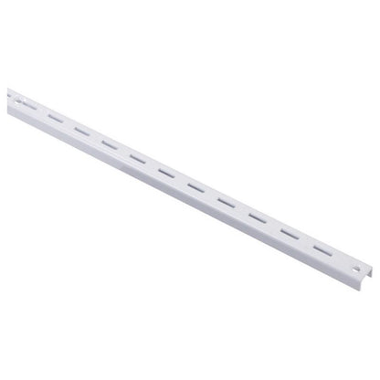 Set of 10 white 2-foot Emery Jensen shelf standards and brackets for adjustable shelving and support.