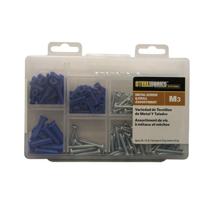 Assorted metal screw and drill kit by Emery Jensen, pack of 6, with various screws and drill bits displayed on a workbench.
