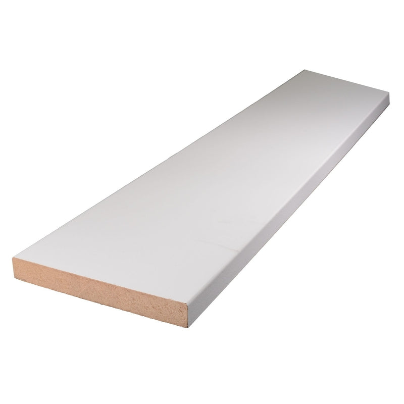 Two Emery Jensen fiberboard primed panels, 1x6x96 inches, stacked flat for use in construction or DIY projects.
