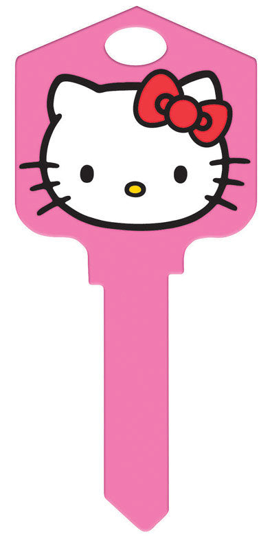 Set of five pink Hello Kitty key rings with painted cylindrical sports T design by Emery Jensen, shown in the image.