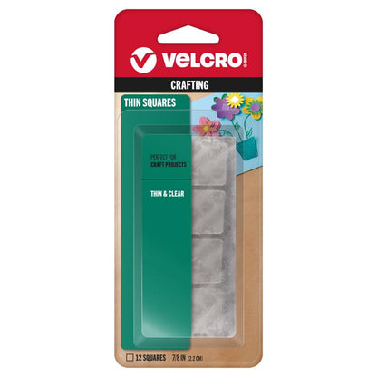 Pack of six Emery Jensen VELCRO SQRS 7/8" clear hook and loop fasteners, showing the transparent fastening squares.