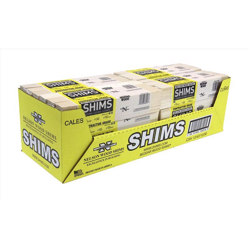 Emery Jensen 12-inch wood shims, 42-pack, specialty contractor shims stacked for construction and leveling tasks.