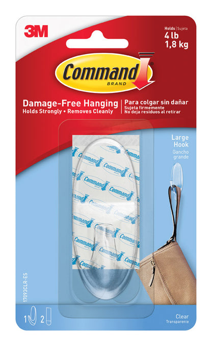 Pack of six large clear Emery Jensen general purpose hooks, shown mounted on a wall with hooks visible for hanging items.