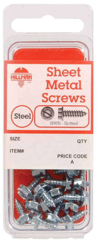 Pack of 10 Emery Jensen sheet metal screws, 8x1/2 inch hex head, suitable for metal fastening and construction projects.