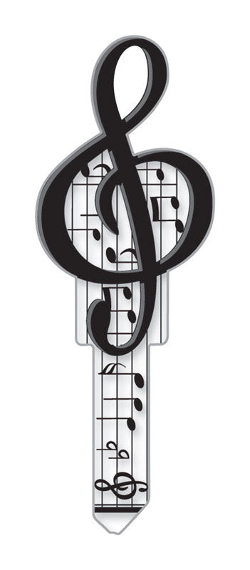 Set of five Emery Jensen KEYBLANK KW1/11 MUSIC cylinder-painted sports T keys, shown in a close-up shot.