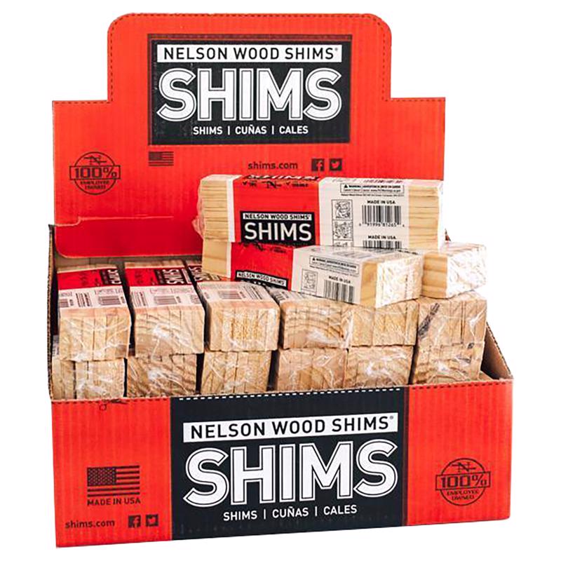 Set of 12 Emery Jensen 8-inch wood shims for carpentry and construction, shown in a pack of 36.