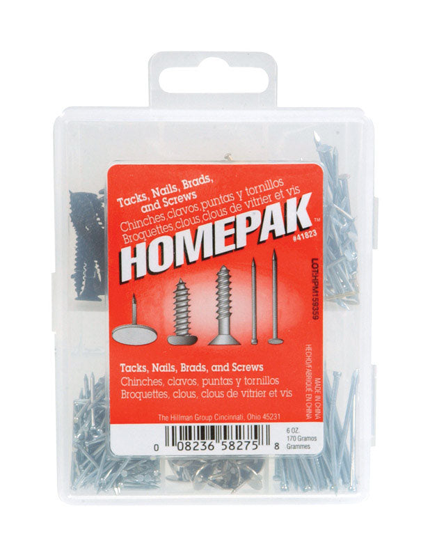 Emery Jensen pack of 5 wire brads, nails, and escutcheon tacks, showing metallic fasteners for woodworking or finishing projects.