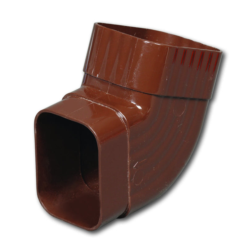 Vinyl gutter elbow bracket in brown from Emery Jensen, pack of 20, used for connecting gutter sections in roof drainage systems.