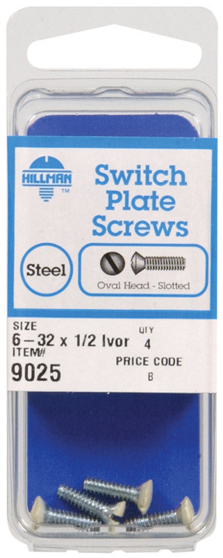 Set of ten ivory specialty switchplate screws from Emery Jensen, shown with close-up of screw heads on a white switchplate.