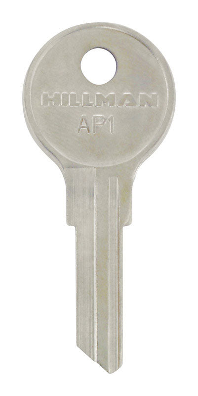 Pack of four KEYKRAFTER #112 brass keys by Emery Jensen, showing four shiny brass keys with key teeth and key heads.