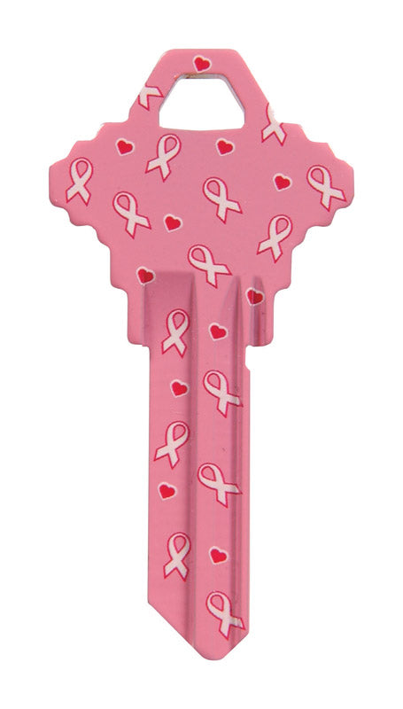 Six Emery Jensen Breast Cancer Key-68-SC1 cylinder-painted sports T keys arranged in a row, showing bright red color and key details.