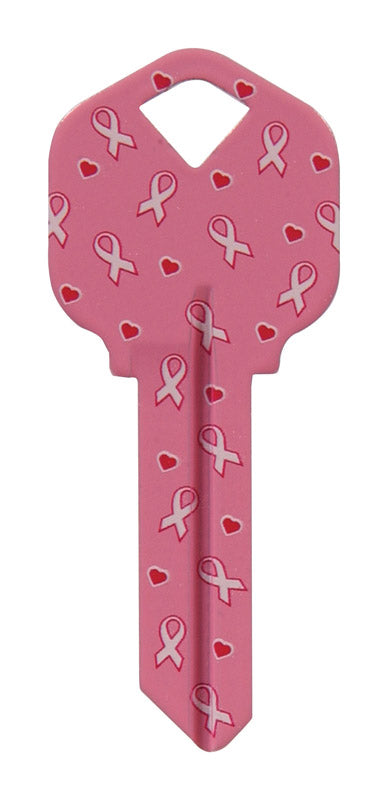 Six painted cylindrical keychains featuring breast cancer awareness design from Emery Jensen, with keyring attachment.