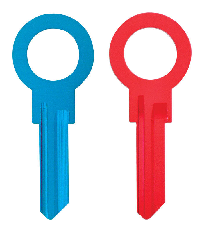 Six Emery Jensen URNL key blank alloy cylinders in blue and red, painted sports T style, displayed in a pack of six.