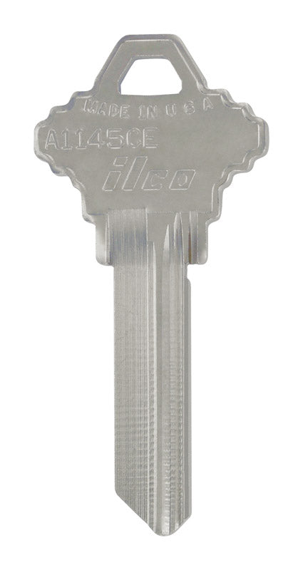 Pack of four KEYKRAFTER #239 brass keys by Emery Jensen, showing close-up of key blades and key heads.