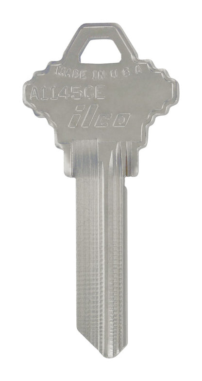 Pack of four KEYKRAFTER #239 brass keys by Emery Jensen, showing close-up of key blades and key heads.