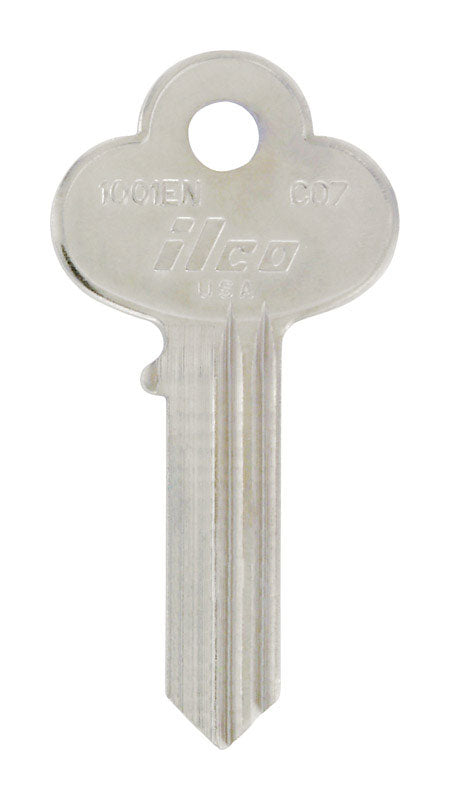 Set of 10 Emery Jensen CO-7 CORBIN key blanks for cylinder locks, showing the smooth metal key blades and notched teeth.