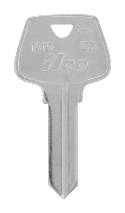 Set of 10 Emery Jensen Sargent S-3 cylinder key blanks in black for locks, shown stacked and ready for cutting or use