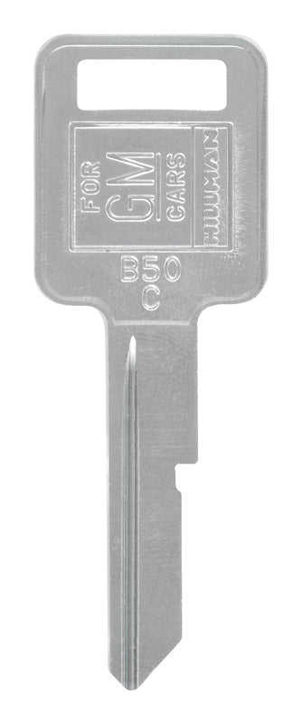 Set of 10 Emery Jensen B-50 GM key blanks for domestic auto vehicles, showcasing the blank metal keys with cut patterns.
