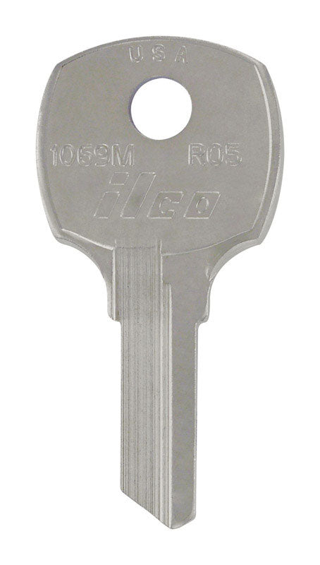 Set of 10 Emery Jensen RO-5 Rockford specialty keys for lock replacement or repair, showing the key blades and notches.