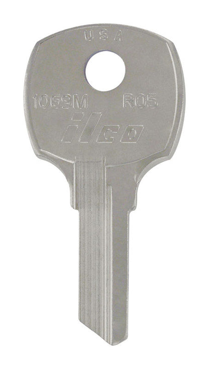 Set of 10 Emery Jensen RO-5 Rockford specialty keys for lock replacement or repair, showing the key blades and notches.
