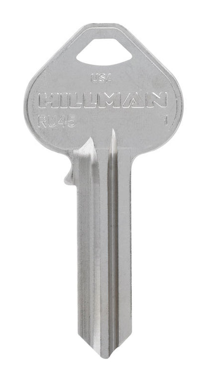 Pack of 10 Emery Jensen RU-45 RUSSWIN KEY BL specialty keys showing metal key blades and unique notches for lock compatibility.