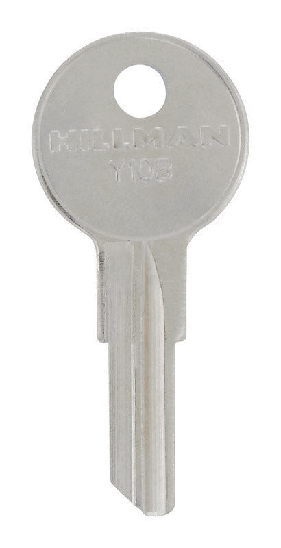 Set of 10 Emery Jensen Y-103 Yale key blanks, specialty keys with metal blades and notched edges, arranged in a pack.