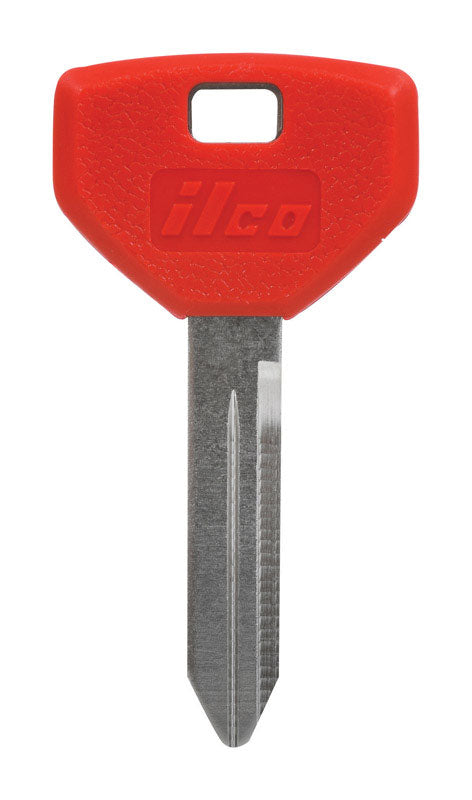 Set of five Emery Jensen Y-157 red color specialty keys with distinctive head designs, ideal for locksmith and security applications.
