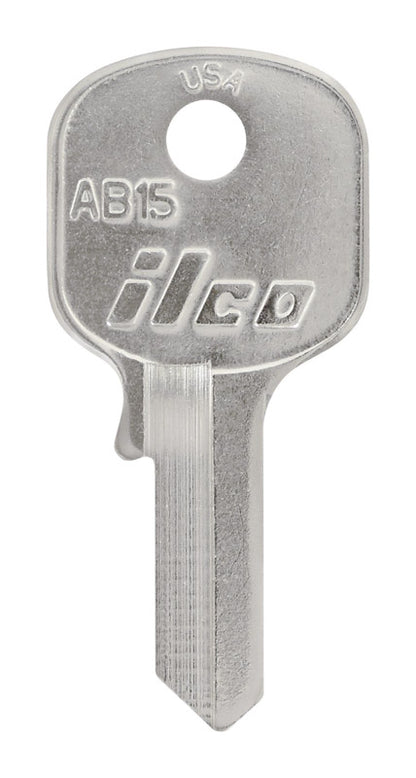 Set of 10 Emery Jensen AB15 ABUS lock key blanks for specialty keys, shown in a close-up image with multiple key blanks.
