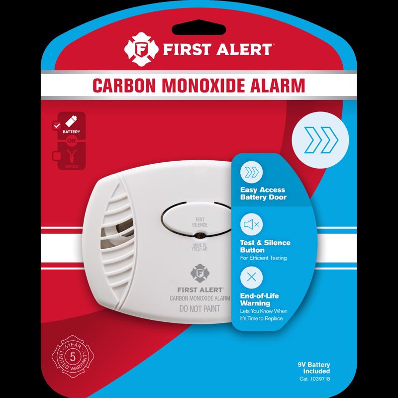 Pack of three Emery Jensen carbon monoxide detectors with battery operation, showing digital displays and sensors.