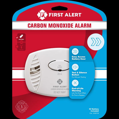 Pack of three Emery Jensen carbon monoxide detectors with battery operation, showing digital displays and sensors.