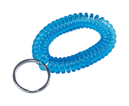 Set of 12 Emery Jensen wrist coil key rings displaying colorful elastic loops and metal keychain attachments.