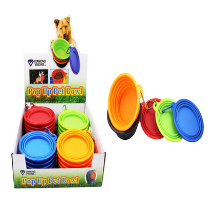 Set of 25 Emery Jensen pop-up pet bowls, 5-inch, impulse and novelty style, collapsible and portable for pet feeding.