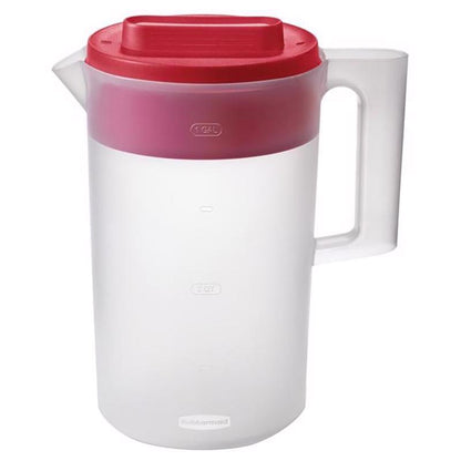 Two clear red plastic pitchers from Emery Jensen's plastic servingware collection, each with a handle and spout for easy pouring.
